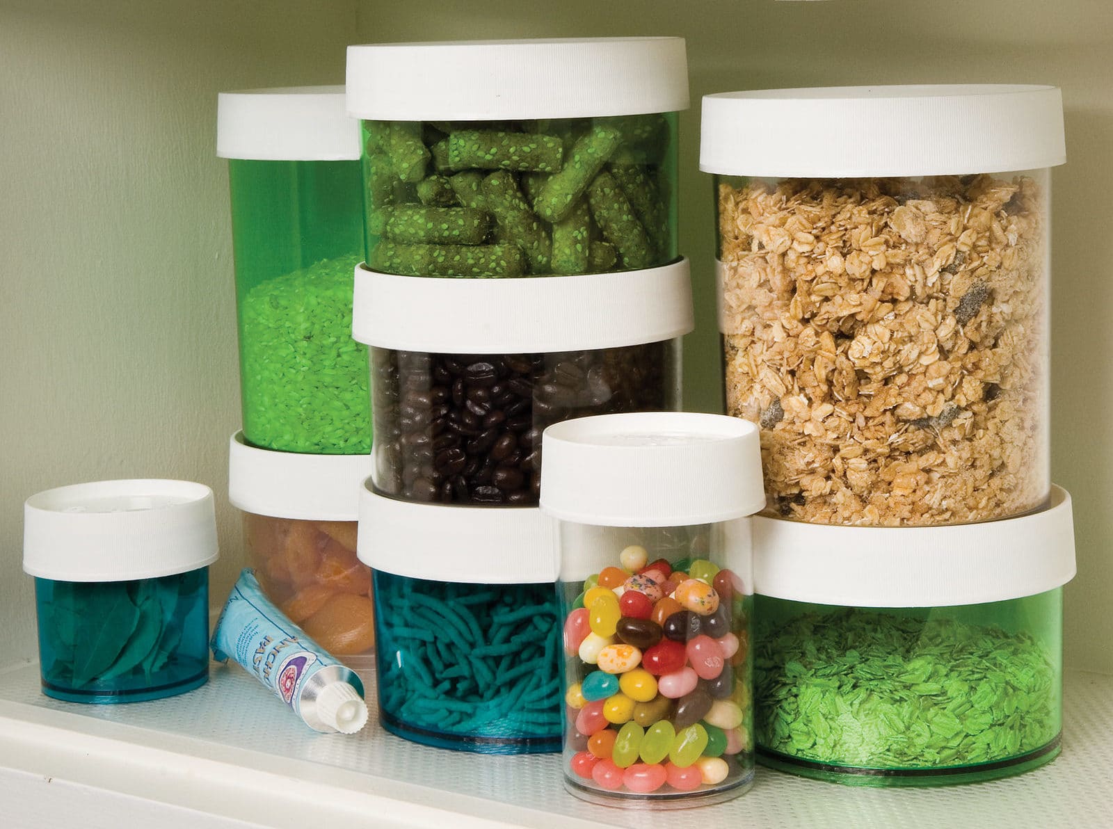 Assorted Nalgene Containers in a kitchen cabinet