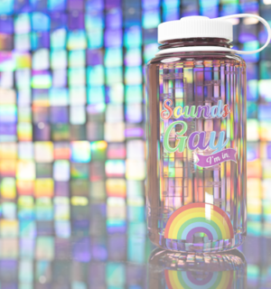 Pride Nalgene water bottle in the righthand corner against a background of iridescent rainbow tiles.