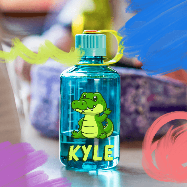 blue water bottle with an alligator on it