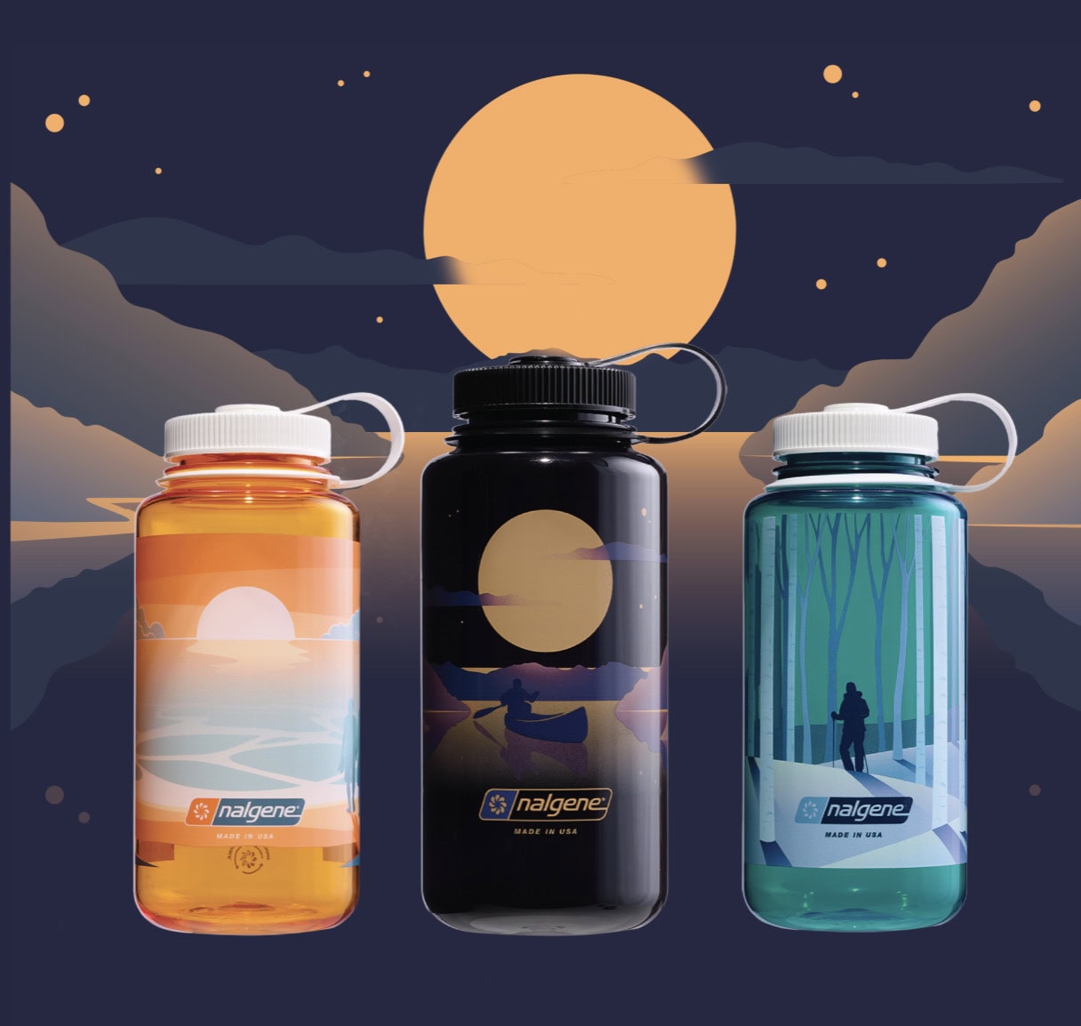 Three 32oz WM Negative Landscape Nalgene water bottles with scenic outdoor designs, set against a moonlit nature background.