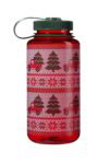 32oz Wide Mouth Ugly Sweater Bottle decorated with holiday patterns, trucks, trees, and snowflakes; red bottle with green lid.