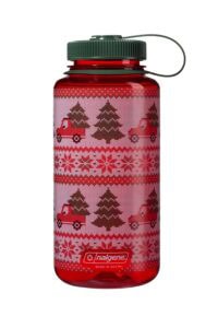 32oz Wide Mouth Ugly Sweater Bottle featuring a festive pattern of trucks, trees, and snowflakes in white and brown.