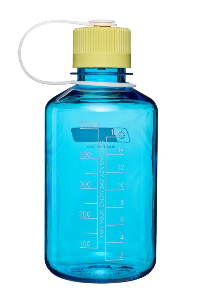 The 16oz NM Thrill & Motion is a blue plastic water bottle with a yellow screw cap and measurement markings.