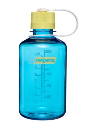 A 16oz NM Thrill & Motion blue water bottle with measurement markings and a yellow cap attached by a white loop.