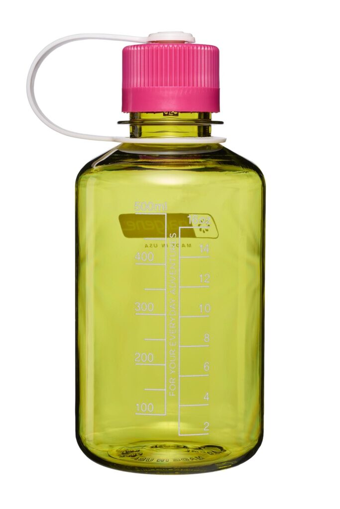 The 16oz NM Thrill & Motion is a translucent yellow bottle with a pink cap, white strap, and measurement markings up to 500ml.