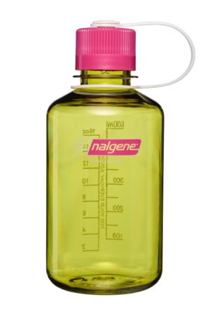 A yellow Nalgene water bottle with a pink cap and white loop, marked with measurement lines.