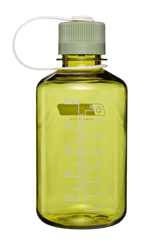 The 16oz NM Thrill & Motion is a green transparent plastic water bottle with a screw cap and volume markings up to 700ml.