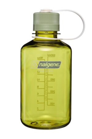 A green Nalgene water bottle with measurement markings and a screw-on cap with a white strap.