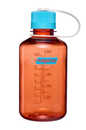 Orange Nalgene water bottle with blue cap and white strap, showing measurement markings on the side.