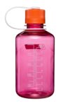 The 16oz NM Thrill & Motion is a translucent pink plastic water bottle with a measurement scale and an orange screw cap.