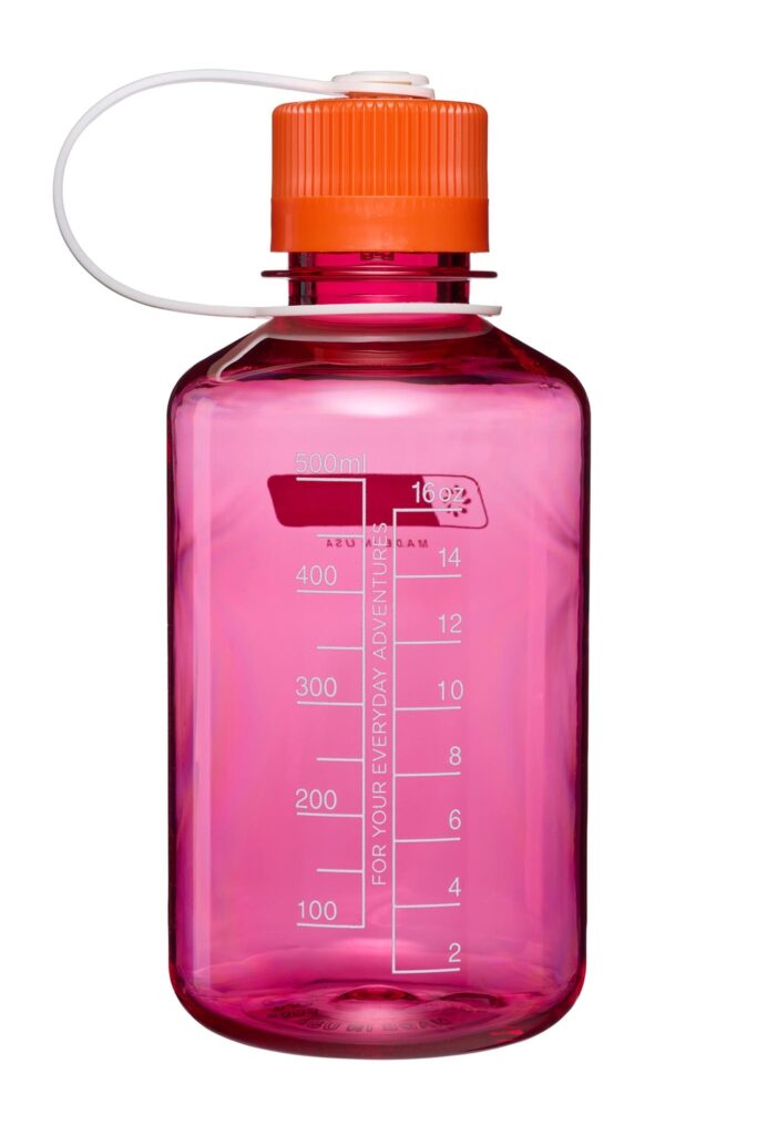 The 16oz NM Thrill & Motion is a translucent pink plastic water bottle with a measurement scale and an orange screw cap.