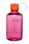 A pink Nalgene water bottle with a red cap and clear measurement markings.