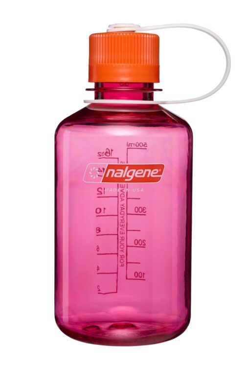 A pink Nalgene water bottle with a red cap and clear measurement markings.