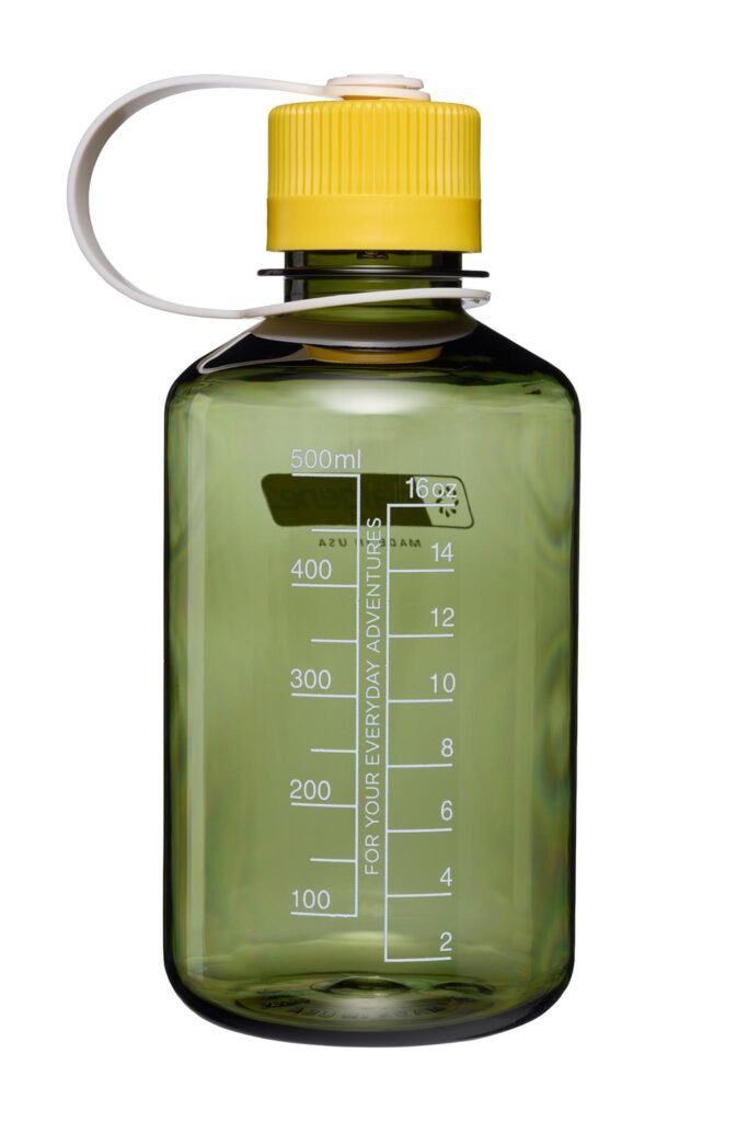 The 16oz NM Thrill & Motion is a green water bottle with a yellow cap and measurement markings on the side.