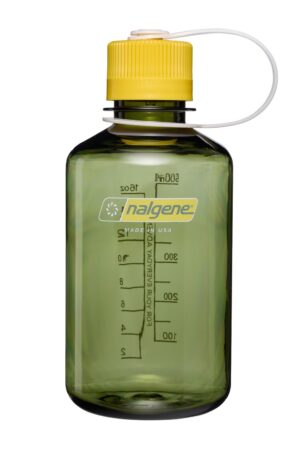 A green Nalgene water bottle with a yellow cap and clear measuring marks on the side.