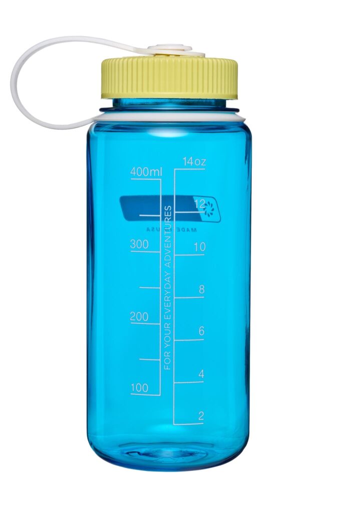 The 16oz WM Thrill & Motion is a blue plastic water bottle with a yellow lid and measurement markings up to 400ml (14oz).