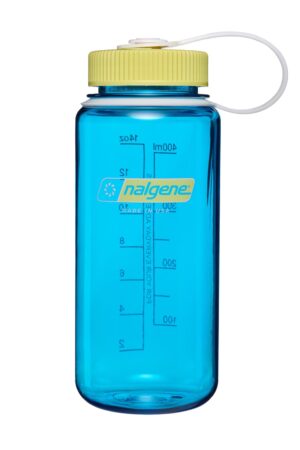 A blue Nalgene water bottle with a yellow lid and measurement markings on the side.
