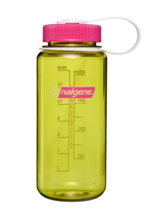 A green Nalgene water bottle with a pink lid and white carrying loop on a white background.