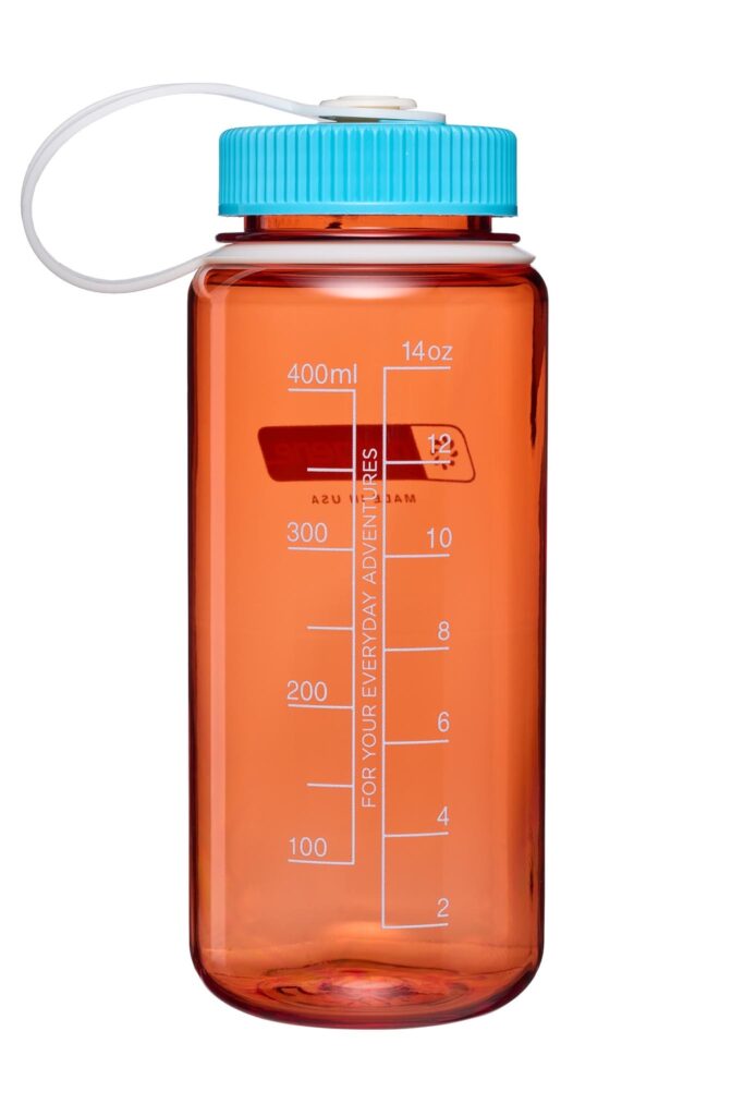 Orange water bottle with blue lid, white strap, and measurement markings up to 400ml or 14oz.
