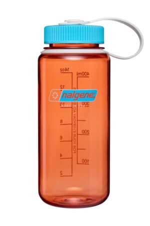 A translucent orange Nalgene water bottle with a blue lid and measurement markings on the side.