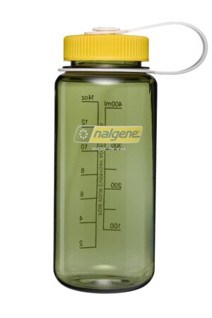 Green Nalgene water bottle with a yellow lid and white strap, marked with measurement lines.