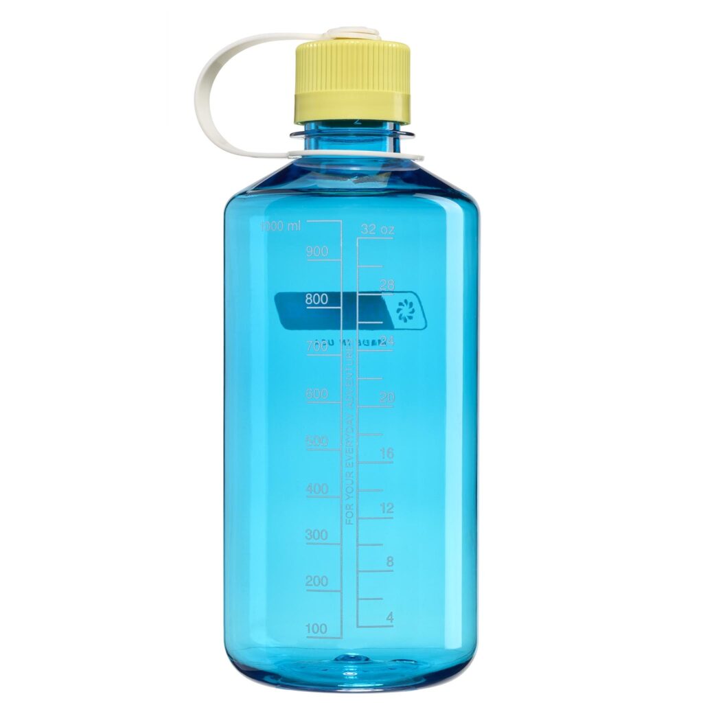 The 32oz NM Thrill in Motion is a blue reusable water bottle with a yellow lid, white strap, and measurement markings up to 900 ml.
