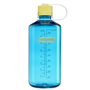 Blue Nalgene water bottle with yellow cap, measurement markings, and white strap, on a white background.