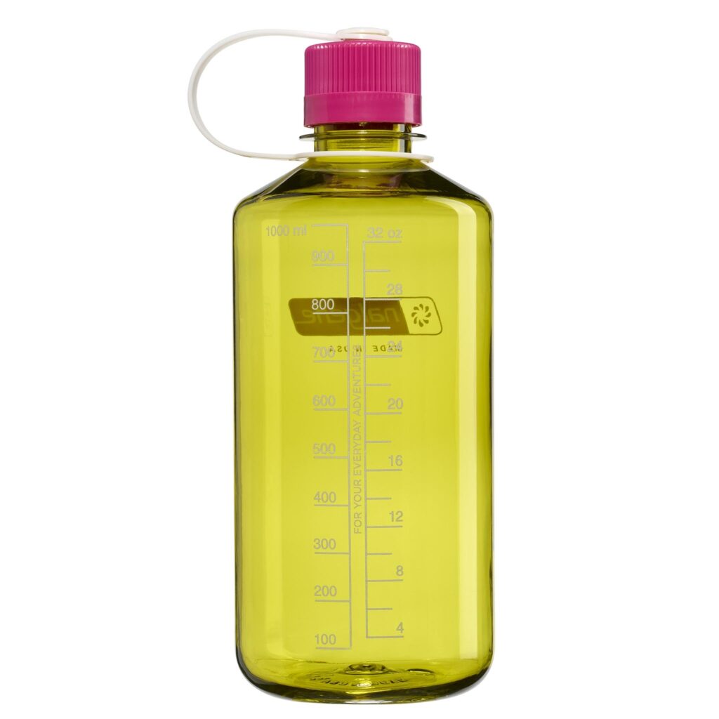 The 32oz NM Thrill in Motion is a yellow plastic water bottle with a pink cap and measurement markings on the side.