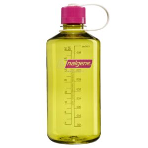 A yellow Nalgene water bottle with a pink cap and a white strap, standing upright on a white background.