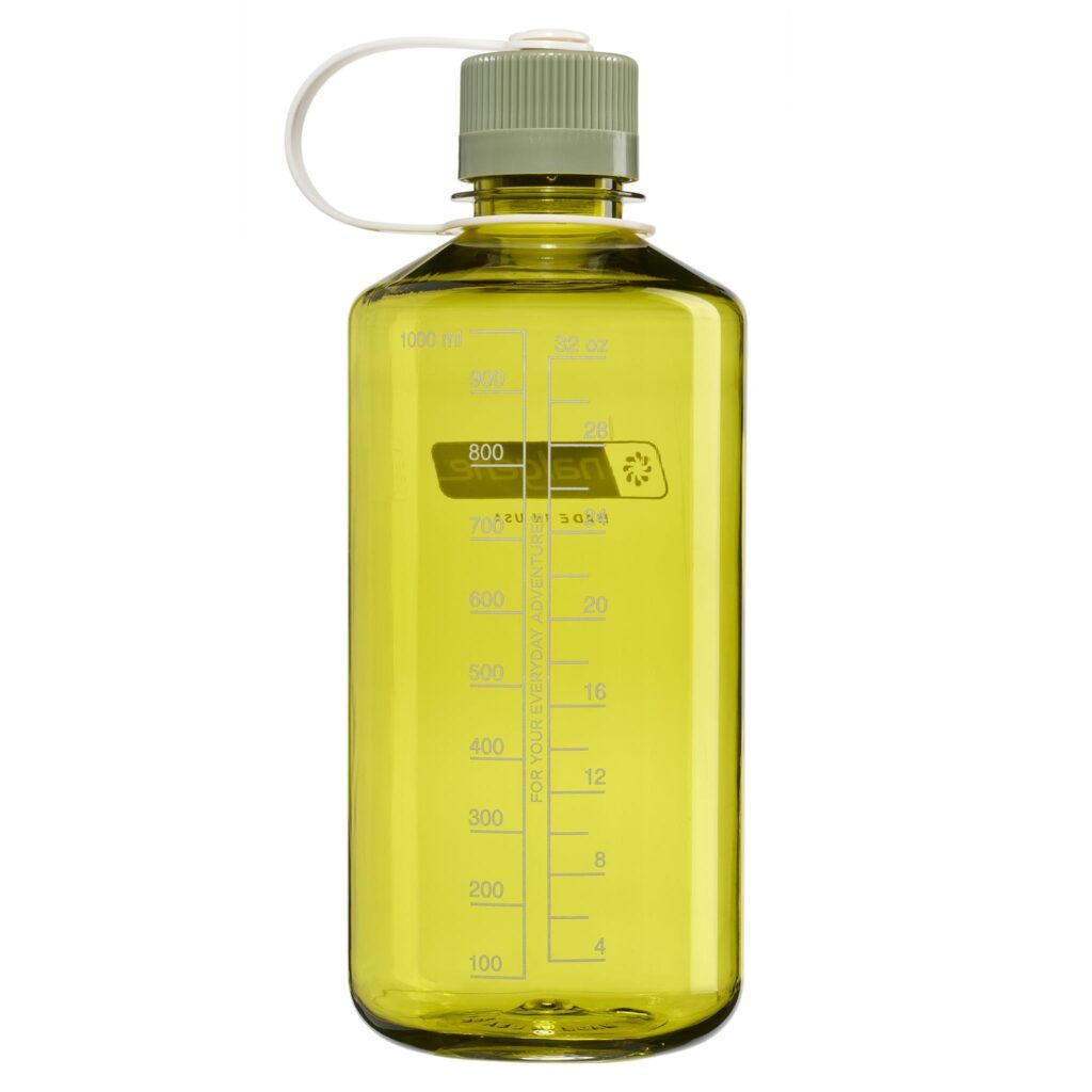 The 32oz NM Thrill in Motion is a translucent yellow water bottle with measurement markings and a gray screw-on cap.