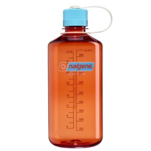 A translucent red Nalgene water bottle with a blue cap and white measurement markings.