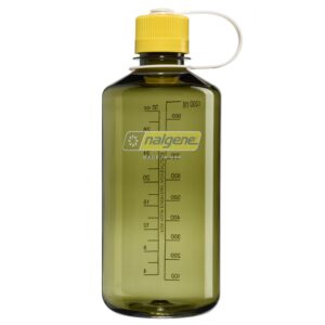 Olive green Nalgene water bottle with yellow cap, white strap, and measurement markings on the side.