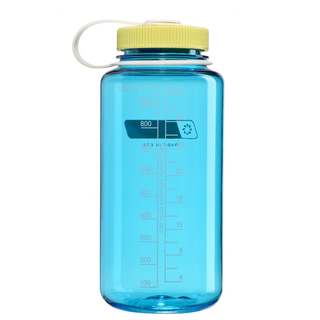 The 32oz WM Thrill in Motion is a blue plastic water bottle with measurement markings and a yellow screw-on lid.