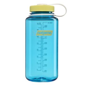A blue Nalgene water bottle with a yellow screw cap and measurement markings on the side.