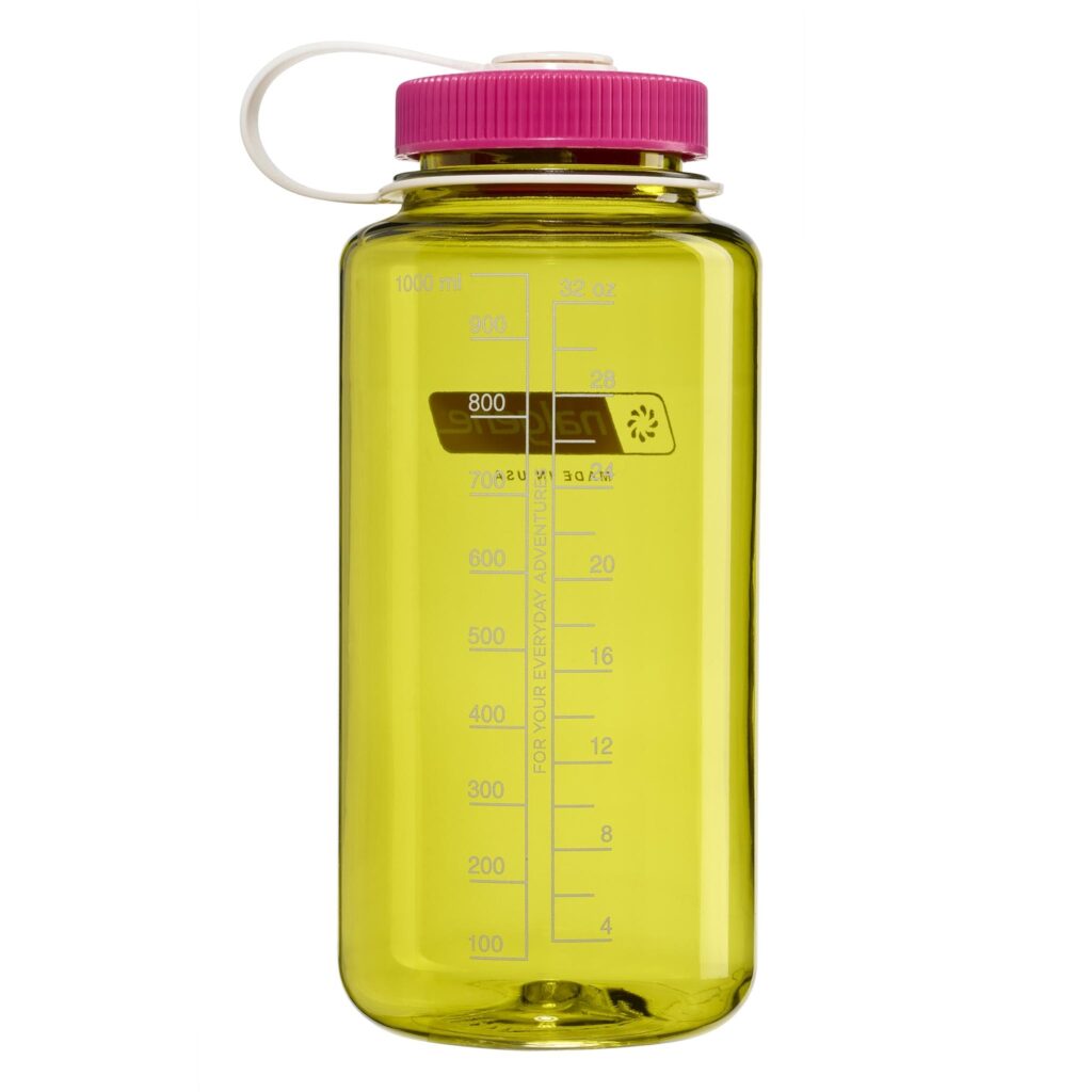 The 32oz WM Thrill in Motion is a yellow water bottle with a pink lid, white strap, and measurement lines on the side.