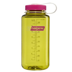 A yellow Nalgene water bottle with a pink lid and measurement markings on the side.