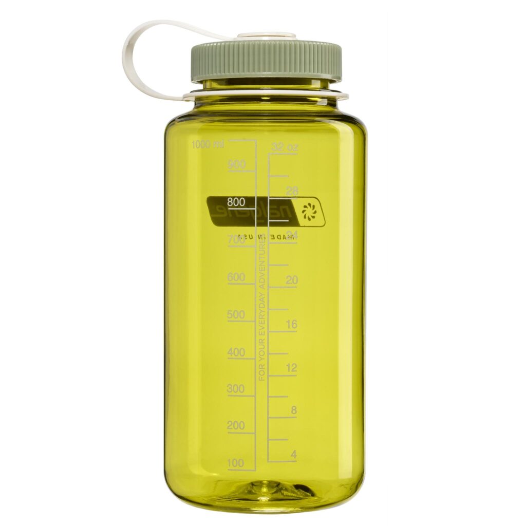 The 32oz WM Thrill in Motion is a translucent yellow water bottle with a grey cap and measurement markings on the side.