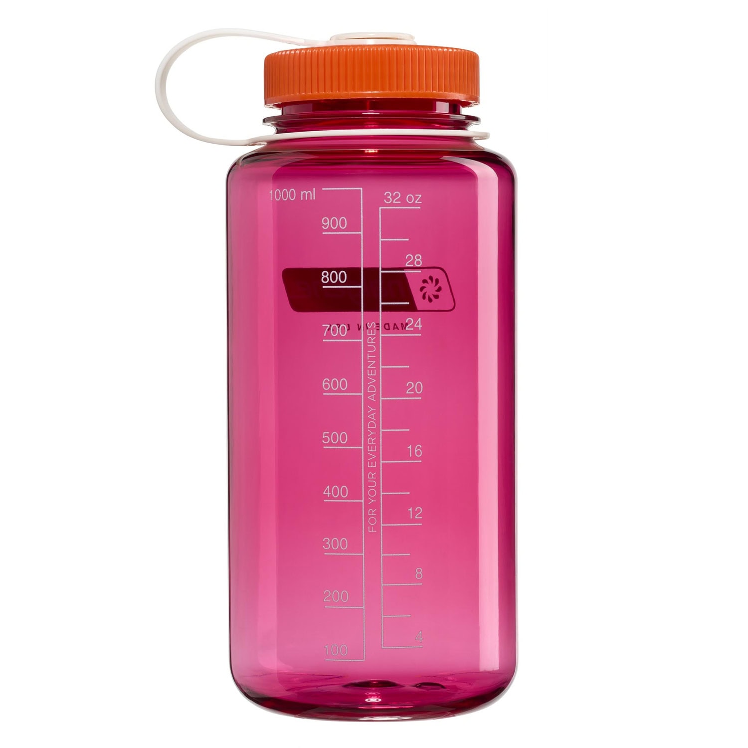 The 32oz WM Thrill in Motion is a clear pink water bottle with an orange lid, white strap, and measurement markings up to 1000 ml (32 oz).