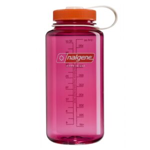 A pink Nalgene water bottle with an orange lid and white measurement markings.