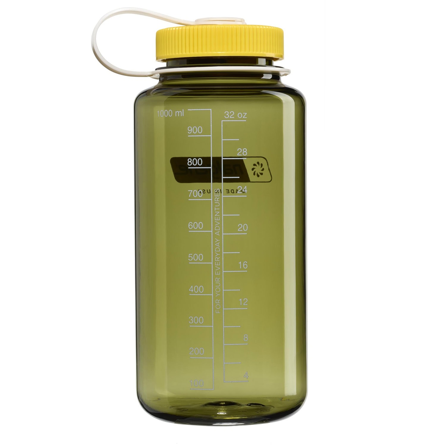 32oz WM Thrill in Motion: olive green bottle with yellow lid, volume markings, and a white carrying loop.