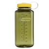 Olive green Nalgene water bottle with a yellow lid and clear measuring marks on the side.