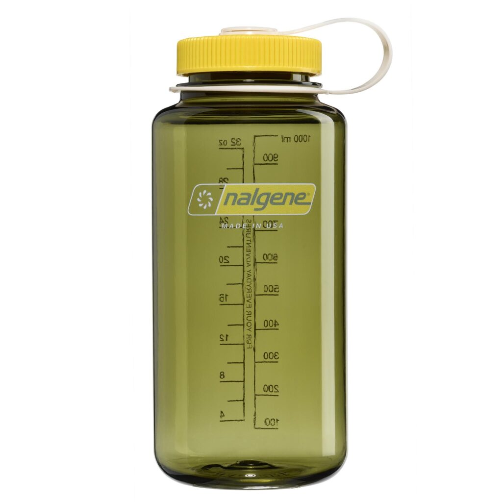 Olive green Nalgene water bottle with a yellow lid and clear measuring marks on the side.