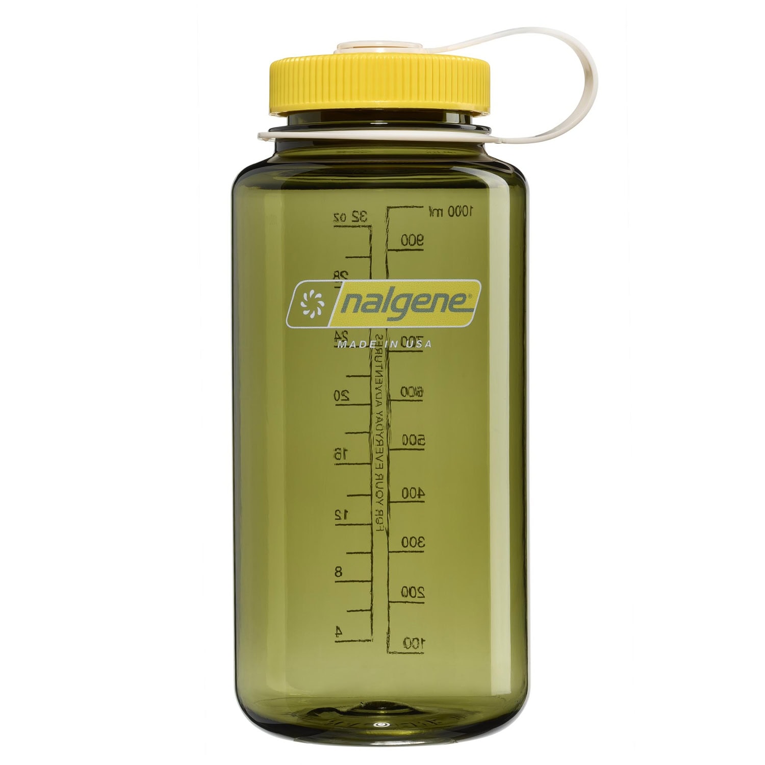 Olive green Nalgene water bottle with a yellow lid and clear measuring marks on the side.
