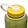 Close-up of the 32oz WM Thrill in Motion water bottle, featuring green body, yellow screw-on lid, and white carrying loop.