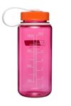 Clear pink water bottle with an orange lid, white strap, and measurement markings up to 400 ml (14 oz) on the side.