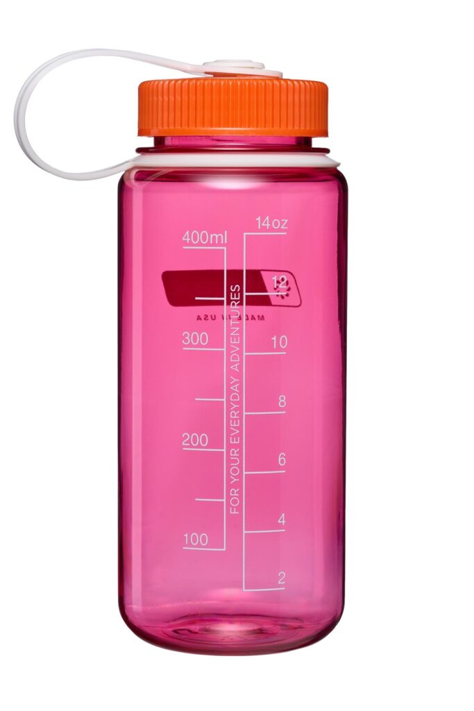 Clear pink water bottle with an orange lid, white strap, and measurement markings up to 400 ml (14 oz) on the side.