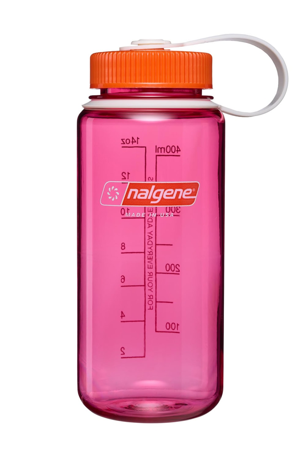 A pink Nalgene water bottle with an orange lid and white carrying loop, marked with measurement lines.