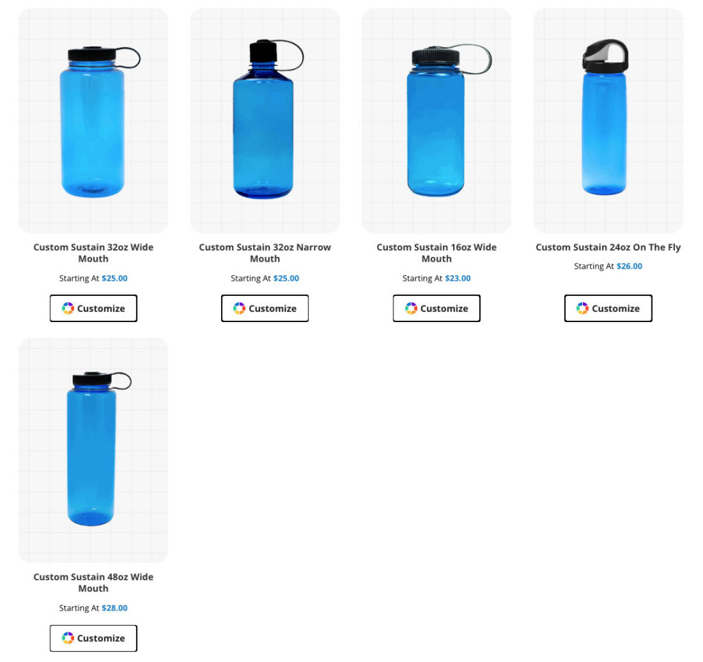 five blue water bottles to choose from with sizing and prices